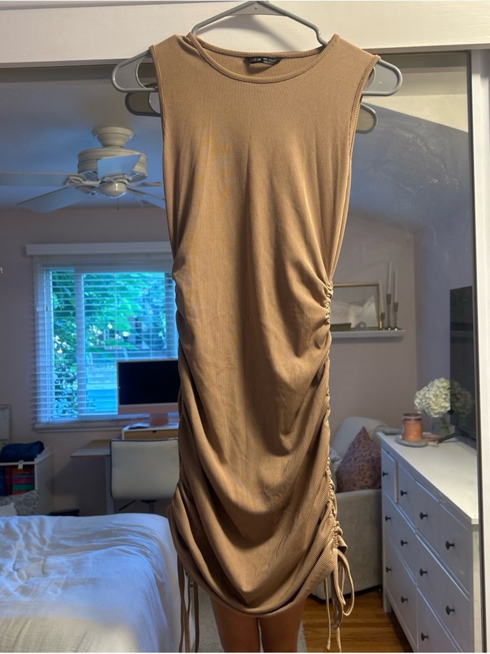 SHEIN Tan Ruched Sleeveless Mini Dress